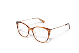 Image of Cheeterz Club eyewear. Photo of cat eye eyeglasses with clear lenses and blue light blocking technology. The frames are small width with ginger orange and golden brown color, suitable for square, oval, and heart shaped face shapes. These glasses can be used as reading glasses with blue light glasses.