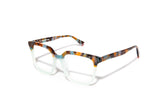 Image of Cheeterz Club eyewear. Photo of square eyeglasses with clear lenses and blue light blocking technology. The frames are medium width with a multi print of a light aqua lower frame and a marble upper frame with colors of golden browns and various shares of aqua/ teal. Suitable for round, oval, and heart shaped face shapes. These glasses can be used as reading glasses with blue light glasses.