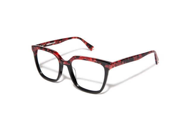 Image of Cheeterz Club eyewear. Photo of square eyeglasses with clear lenses and blue light blocking technology. The frames are medium width with a multi print of a black on the lower frame and a fierce red and black marble upper frame. Suitable for round, oval, and heart shaped face shapes. These glasses can be used as reading glasses with blue light glasses.