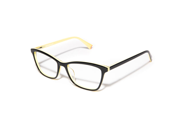 Image of Cheeterz Club eyewear. Photo of cat eye eyeglasses with clear lenses and blue light blocking technology. The frames are medium width with a black color. Suitable for round, oval, and heart shaped face shapes. These glasses can be used as reading glasses with blue light glasses.