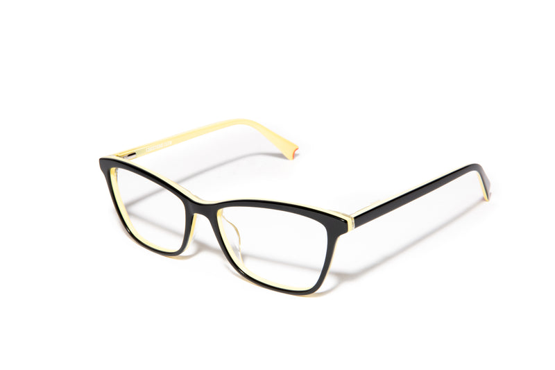Image of Cheeterz Club eyewear. Photo of cat eye eyeglasses with clear lenses and blue light blocking technology. The frames are medium width with a black color. Suitable for round, oval, and heart shaped face shapes. These glasses can be used as reading glasses with blue light glasses.