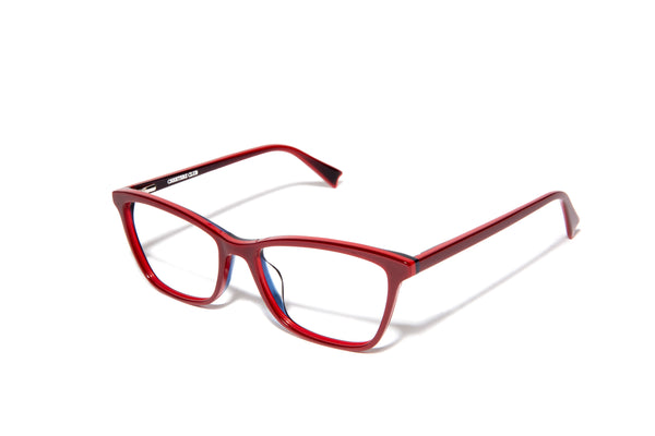 Image of Cheeterz Club eyewear. Photo of cat eye eyeglasses with clear lenses and blue light blocking technology. The frames are medium width with red color. Suitable for round, oval, and heart shaped face shapes. These glasses can be used as reading glasses with blue light glasses.