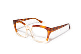  Image of Cheeterz Club eyewear. Photo of square eyeglasses with clear lenses and blue light blocking technology. The frames are wide width and custom laminated shades of honey, golden brown, and nude color with clear bottoms. Suitable for round, oval, and heart face shapes. These glasses can be used as reading glasses with blue light glasses.