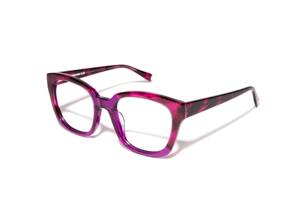 Image of Cheeterz Club eyewear. Photo of square eyeglasses with clear lenses and blue light blocking technology. The frames are wide width and custom laminated colors of fuchsia, mulberry, and black with purple bottoms. Suitable for round, oval, and heart face shapes. These glasses can be used as reading glasses with blue light glasses.