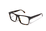 Image of Cheeterz Club eyewear. Photo of chunky square eyeglasses with clear lenses and blue light blocking technology. The frames are wide width with espresso and golden brown color. Suitable for round, oval, and square face shapes. These glasses can be used as reading glasses with blue light glasses.