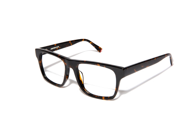 Image of Cheeterz Club eyewear. Photo of chunky square eyeglasses with clear lenses and blue light blocking technology. The frames are wide width with espresso and golden brown color. Suitable for round, oval, and square face shapes. These glasses can be used as reading glasses with blue light glasses.