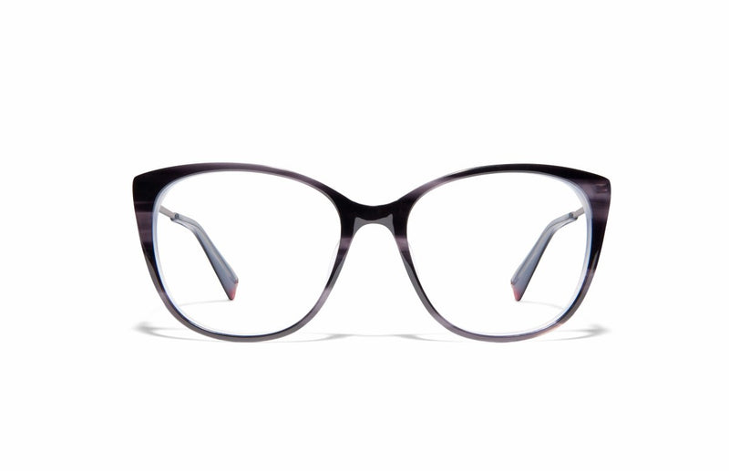 Image of Cheeterz Club eyewear. Photo of cat eye eyeglasses with clear lenses and blue light blocking technology. The frames are small width with smokey gray color and various shades of gray to accent, suitable for square, oval, and heart shaped face shapes. These glasses can be used as reading glasses with blue light glasses.