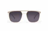 Image of Cheeterz Club eyewear. Photo of square sunglasses with gray tinted lenses. The frames are medium width with a navigator shape and a gold color, suitable for square, oval, and round face shapes. 