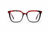 Image of Cheeterz Club eyewear. Photo of square eyeglasses with clear lenses and blue light blocking technology. The frames are medium width with a multi print of a black on the lower frame and a fierce red and black marble upper frame. Suitable for round, oval, and heart shaped face shapes. These glasses can be used as reading glasses with blue light glasses.