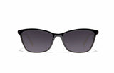 Image of Cheeterz Club eyewear. Photo of cat eye sunglasses with gray tinted lenses. The frames are medium width with a black color. Suitable for round, oval, and heart shaped face shapes. 