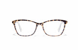 Image of Cheeterz Club eyewear. Photo of cat eye eyeglasses with clear lenses and blue light blocking technology. The frames are medium width with a cheetah print. Suitable for round, oval, and heart shaped face shapes. These glasses can be used as reading glasses with blue light glasses.