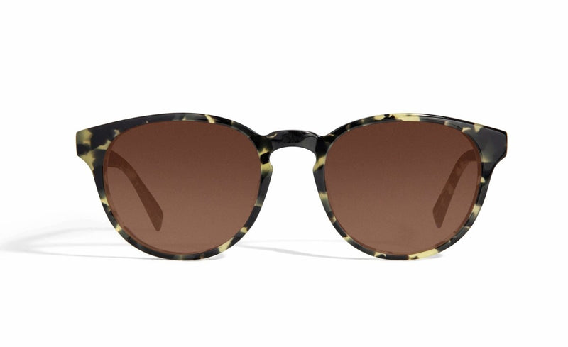 Image of Cheeterz Club eyewear. Photo of round sunglasses with brown tinted lenses. The frames are medium width with green and black camo print. Suitable for square, oval, and oblong shaped face shapes. 