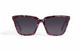 Image of Cheeterz Club eyewear. Photo of cat eye sunglasses with gray tinted lenses. The frames are medium width and black and orchid purple color. Suitable for round, oval, and heart shaped face shapes. 