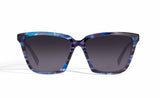 Image of Cheeterz Club eyewear. Photo of cat eye sunglasses with gray tinted lenses.  The frames are medium width with light and dark blue color. Suitable for round, oval, and heart shaped face shapes. 