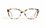 Image of Cheeterz Club eyewear. Photo of rectangle eyeglasses with clear lenses and blue light blocking technology. The frames are small width with tan and brown color and cat print. Suitable for round, oval, and heart shaped face shapes. These glasses can be used as reading glasses with blue light glasses.