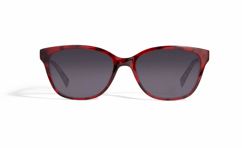 Image of Cheeterz Club eyewear. Photo of rectangle sunglasses with gray tinted lenses. The frames are small width with a red color. Suitable for round, oval, and heart shaped face shapes. 