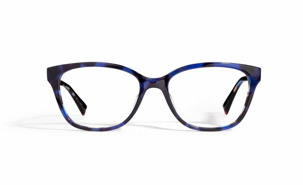Image of Cheeterz Club eyewear. Photo of rectangle eyeglasses with clear lenses and blue light blocking technology. The frames are small width with blue and black color. Suitable for round, oval, and heart shaped face shapes. These glasses can be used as reading glasses with blue light glasses.