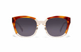  Image of Cheeterz Club eyewear. Photo of square sunglasses with gray tinted lenses.  The frames are wide width and custom laminated shades of honey, golden brown, and nude color with clear bottoms. Suitable for round, oval, and heart shaped face shapes. 