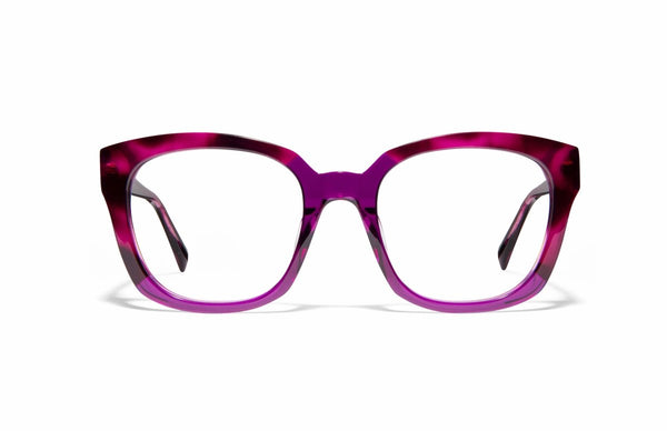 Image of Cheeterz Club eyewear. Photo of square eyeglasses with clear lenses and blue light blocking technology. The frames are wide width and custom laminated colors of fuchsia, mulberry, and black with purple bottoms. Suitable for round, oval, and heart face shapes. These glasses can be used as reading glasses with blue light glasses.
